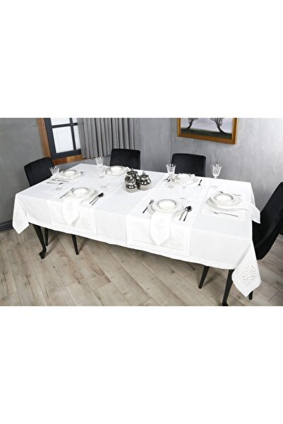 caka home design 17 PARÇA MASA ÖRTÜSÜ SETİ ROYAL NAKIŞLI  KETEN EFEKTLİ ( KREM )
