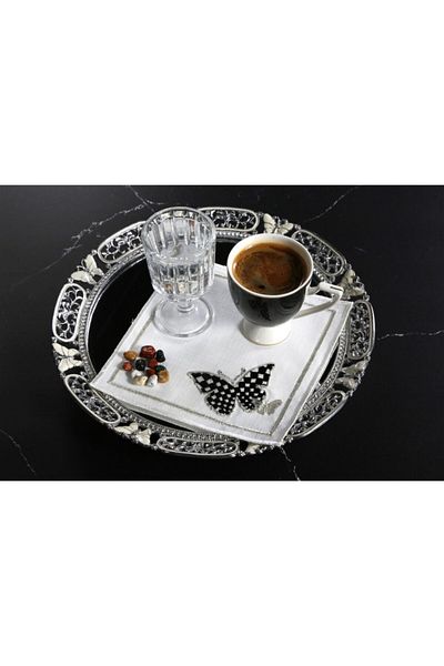 CASANUOVA 6-Piece Cocktail Napkin with Mariposa Embroidered Linen Effect (Cream Silvery)