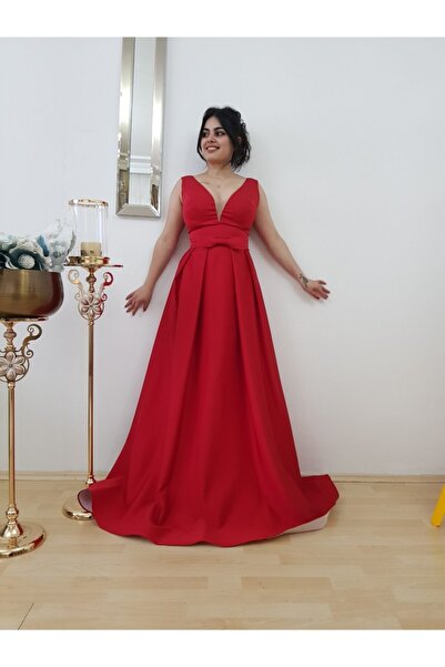 FERGAN Kadın Kırmızı Saten Nişanlık Abiye Elbise