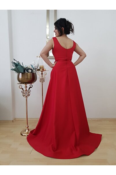 FERGAN Kadın Kırmızı Saten Nişanlık Abiye Elbise