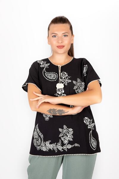 Kardelen Butik Ümraniye Kadın Siyah Şile Bezi Kısa Kollu  Bluz
