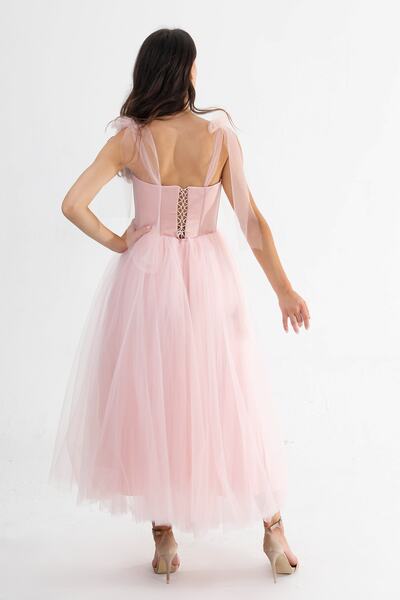 Lenta Moda Pudra Kadın Midi Boy Tül Abiye Balo Elbisesi
