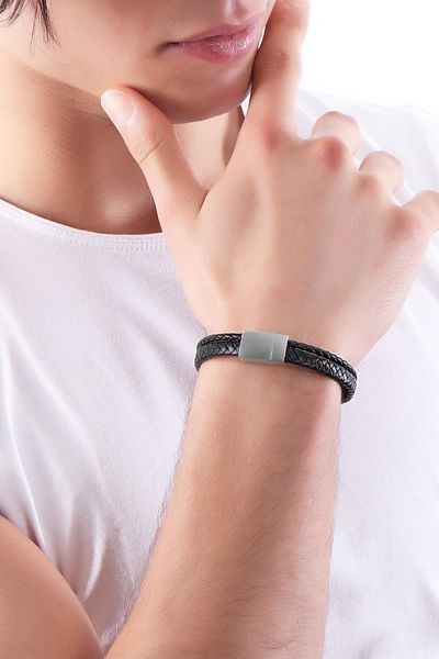 LABALABA Men's Black Steel Closure Combination Leather Bracelet