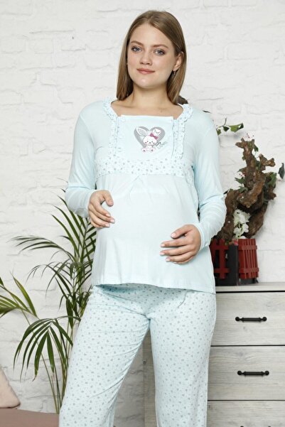 BOYRAZ Kadın Mavi Hamile Pijama Takımı Emzirmeli Uzun Kol Takım 7102