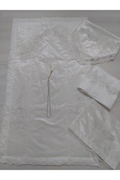 Lamazihome Krem Fransız Dantelli Kadife Seccade Takımı 5 Parça Çeyizlik Bohça...