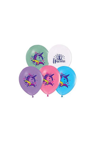BalonEvi 4+1 Unicorn Printed Pastel Balloon 12 Pieces