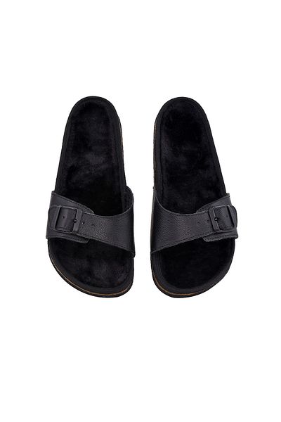 Moosefield Genuine Leather Black Furry Slippers