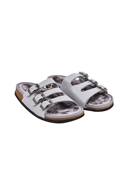 Moosefield Gray Genuine Leather Furry Slippers