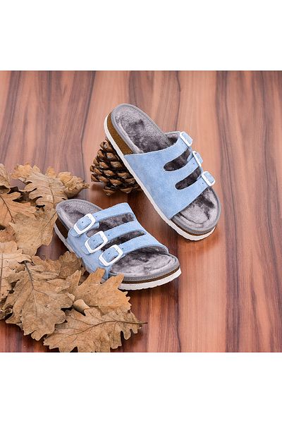 Moosefield Turquoise Furry Genuine Leather Slippers