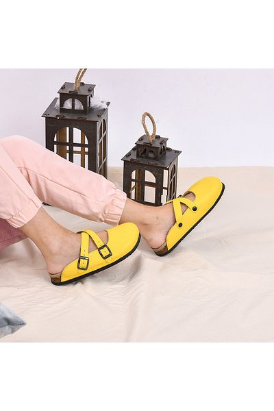 Moosefield Yellow Furry Genuine Leather Slippers