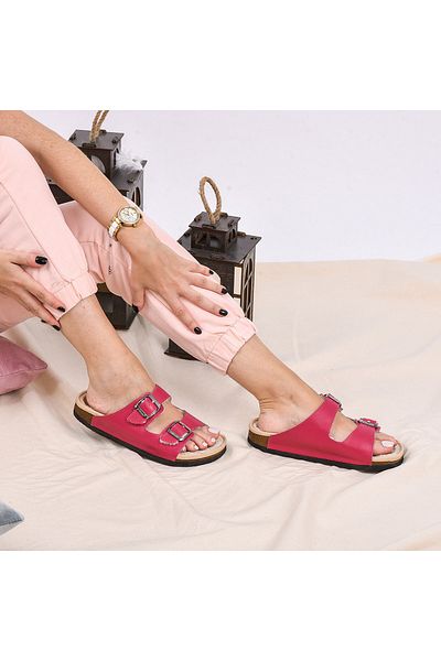 Moosefield Papuci cu blană din piele naturală fucsia