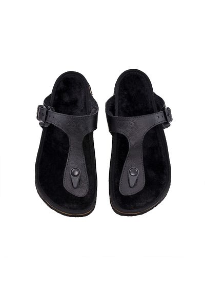 Moosefield Black Genuine Leather Furry Slippers