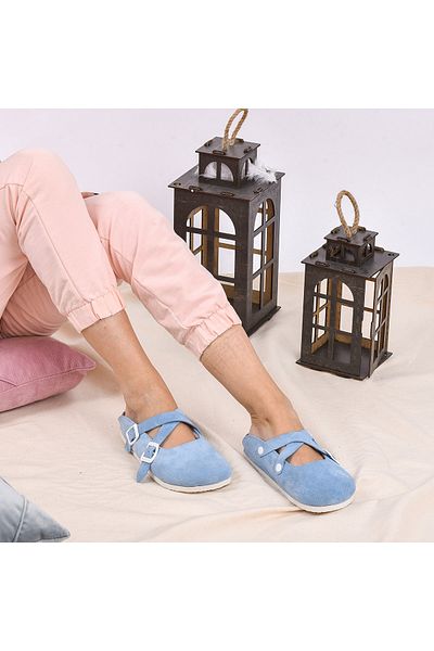 Moosefield Turquoise Furry Genuine Leather Slippers
