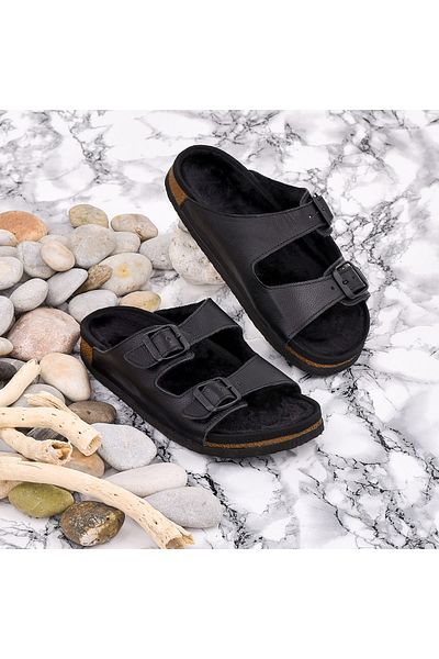 Moosefield Women's Black Genuine Leather Furry Slippers