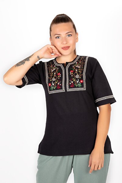 Kardelen Butik Ümraniye بلوزة نسائية سوداء بأكمام قصيرة من قماش شيلا