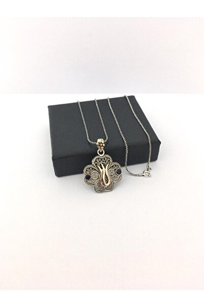 Tmt Silver Gümüş Telkari Lale Desenli Kök Safir Taşlı Kolye