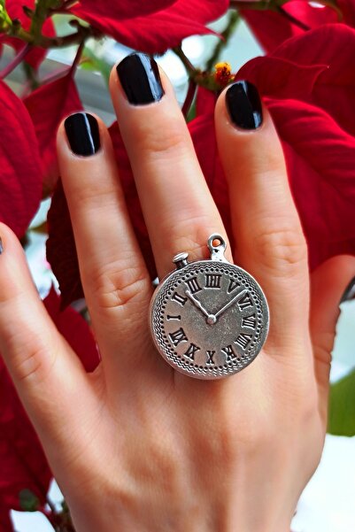 Fildişi Aksesuar Antik Gümüş Kaplama Saat Şekilli El Yapımı Ayarlanabilir Yüzük