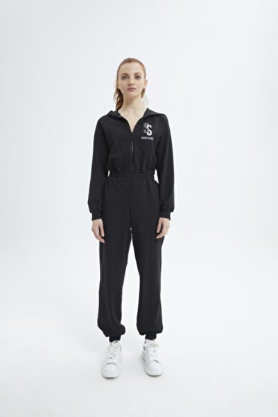 Snake Squad Kadın Siyah Nakışlı Fermuar Ve Kapüşonlu Tulum