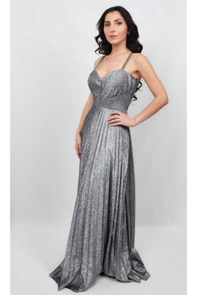 ALİS DRESS Kadın Gümüş Ip Askılı Pilise Etekli Simli Abiye