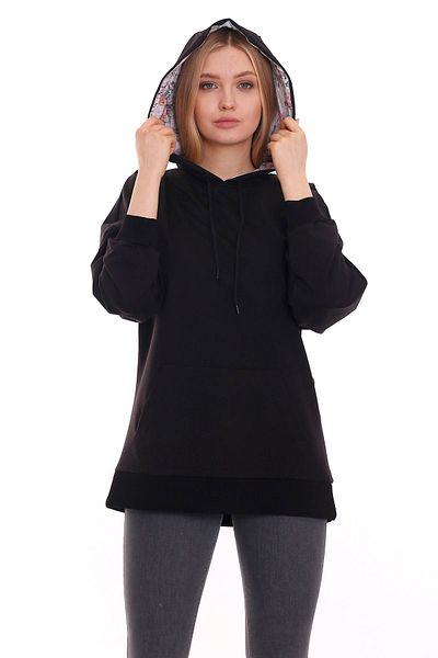 DISENTIS MODEST Hooded Flower Patterned Long Sleeve Oversize Black Sweatshirt with Kangaroo Pocket