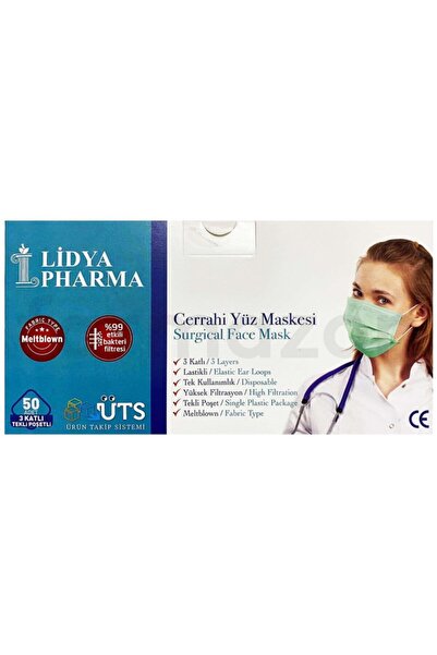 Lidya Pharma 3 Katlı Tekli Poşetlenmiş Yeşil Cerrahi Maske Telli 50'li (meltb...