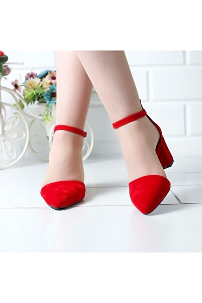 MERVE BAŞ Жіночі червоні замшеві класичні туфлі на товстому каблуці з однією ремінцем