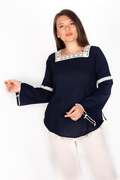 Kardelen Butik Ümraniye Women's Navy Blue Sile Cloth Spanish Sleeve Blouse