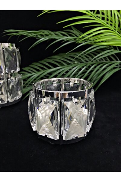 decovien Kristal Taşlı Metal Mumluk Gümüş Küçük Boy
