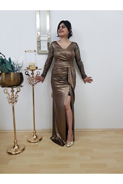 FERGAN Kadın Gold Kahverengi Kruvaze Yaka Yırtmaçlı Tasarım Abiye Elbise