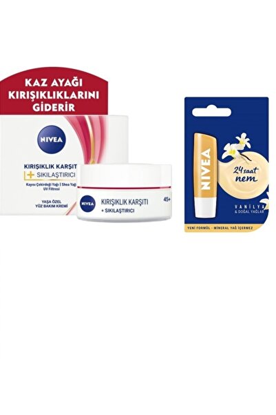 NIVEA Kırışıklık Karşıtı Sıkılaştırcı Yaş 45+ Krem 50 Ml + Vanilya Işıltı Ve Nem Veren Dudak Bakım Kremi