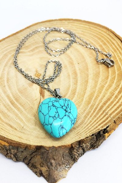 axexuar Turquoise Stone Natural Stone Heart Motif Pendant 316l Steel Necklace 50cm Zodiac Stone