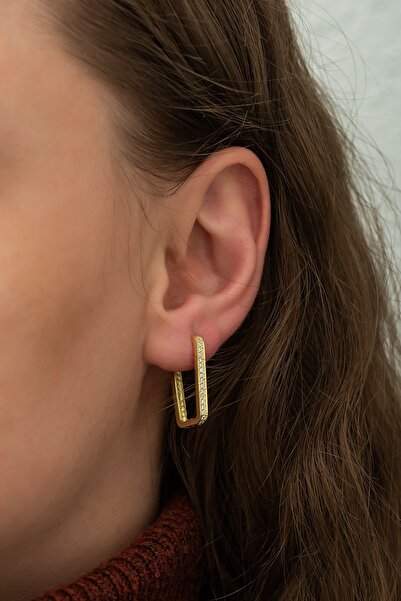 Nereze Kadın 925 Ayar Gold Dikdörtgen Küpe Kadın Gümüş Küpe