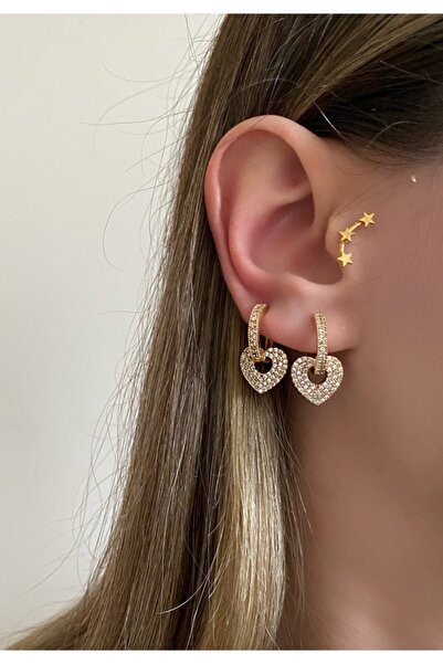 Okkostore Gold Rengi Taşlı Pırpır Kalp Küpe Çifti