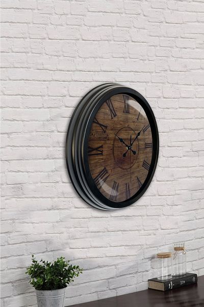 Kasva Concept Gift 40 cm Black Metal Wooden Look Wall Clock
