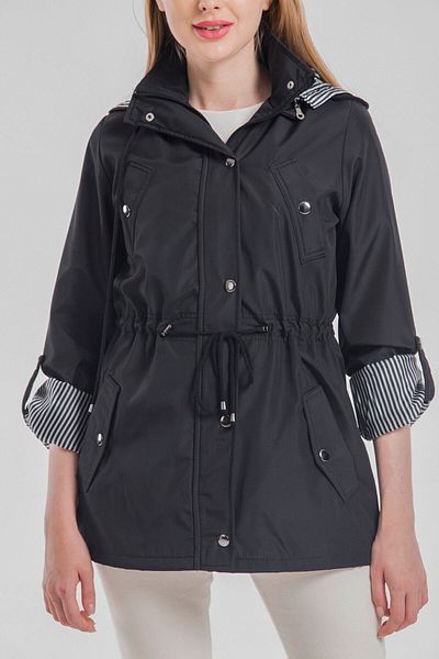 HEPSİKADIN Women's Black Water Repellent Hooded Trench Coat with Waist Drawstring Stripe Detail