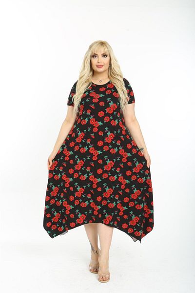 Mezura Plus Size Women's Relaxed Cut Patterned Short Sleeve Asymmetrical Viscose Combed Cotton Dress