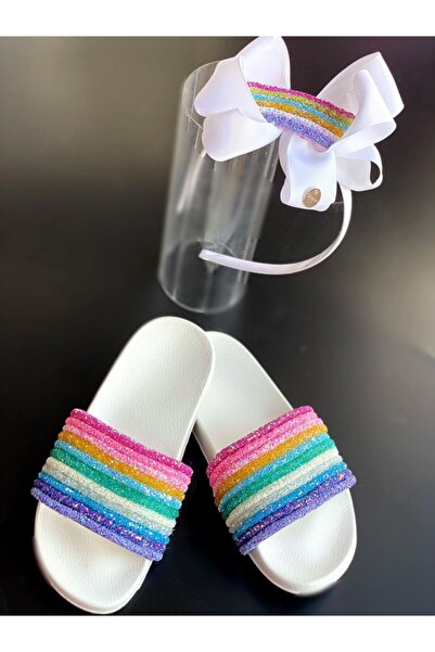 QUEEN AKSESUAR Girl's White Color Rainbow Glittery Sequin Shiny Crown and Slippers