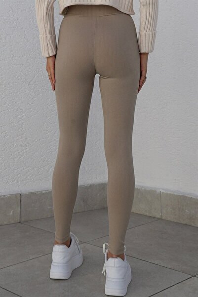 Genel Markalar Kadın Ten Rengi Fitilli Yüksek Bel Tayt kadın Bej Fitilli Ekstra Yüksek Bel Toparayıcı Tayt