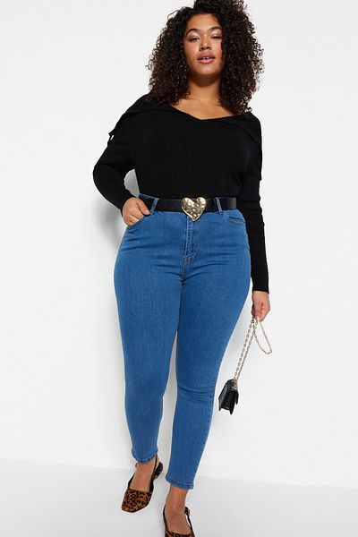 Trendyol Curve Sötétkék magas derekú vékony farmer TBBAW23CJ00012