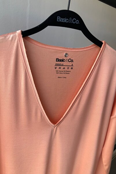 BASIC&CO Vogue-ls Powder Color V-neck Viscose Long Sleeve T-shirt