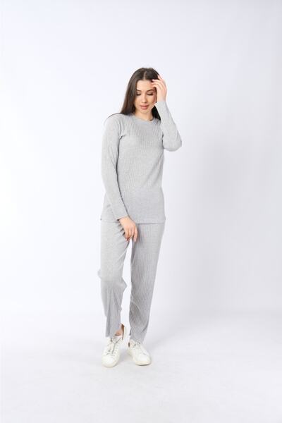 Textile Slot Women's Camisole Knitted Light Gray Color Melange Knitwear Top and Bottom Set