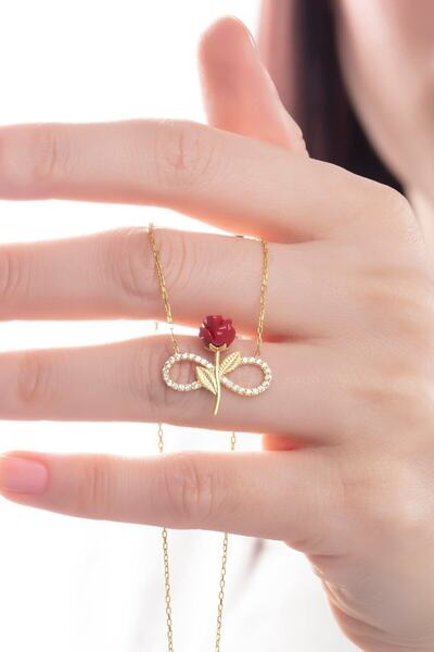 KAR DİAMOND Kadın 925 Ayar Gümüş Altın Kaplamalı Sonsuzluk Aşk Simgesi Kırmız...