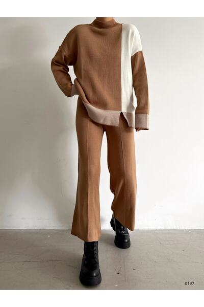 Esinty Women's Brown Slit Detail Blouse Wide Leg Pants Knitwear Bottom Top Set