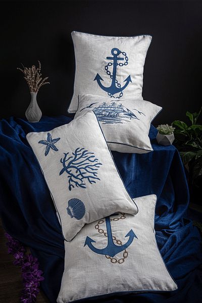 Minelya Home Collection Set de 4 huse de perne din in tematic marine marine