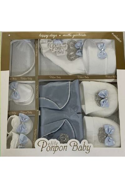 Petite Ponpon Baby Erkek Bebek Hastane Çıkışı Lohusa Seti Terliği Tacı Terlik...
