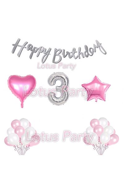 LOTUS PARTY 3 Year Old Birthday Set - Foil Number - Pink Heart and Star - Happy Text - 20 Balloons