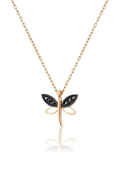 KAR DİAMOND 925 Ayar Gümüş Zincir Rose Kaplama Siyah Taşlı Minimal Yusufçuk K...