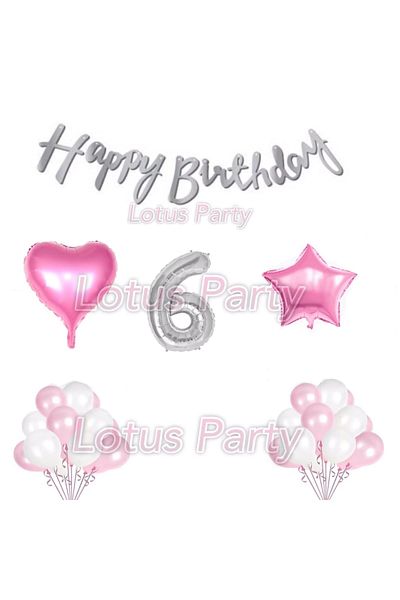 LOTUS PARTY 6 Year Old Birthday Set - Foil Number - Pink Heart and Star - Happy Text - 20 Balloons
