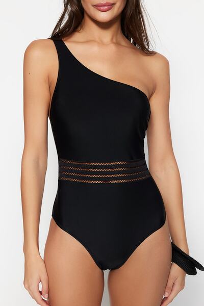 Trendyol Collection Black Single Shoulder Stripe Accessory Regular Swimsuit TBESS21MA0138