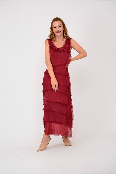 Bohem Stil Rochie de mătase burgundy italiană, mărimea 2, subțire, cu straturi